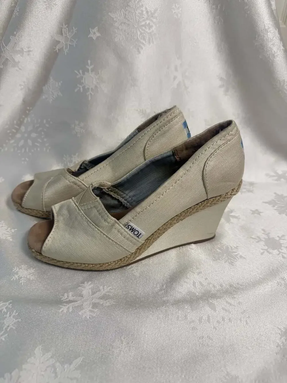 TOMS Beige Canvas Espadrille Peep Toe Wedge Heels